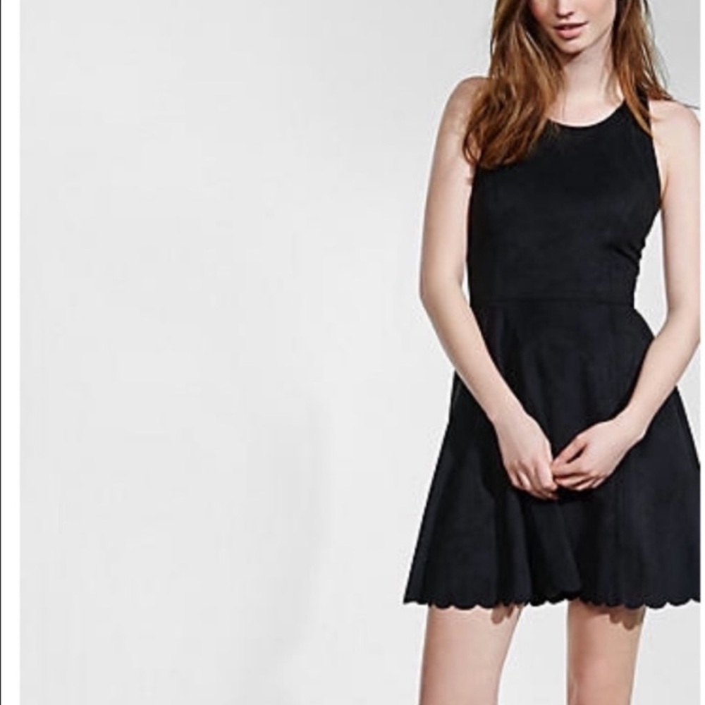 Express Black Faux Suede Cross-Back Fit and Flare Scalloped Hem Dress